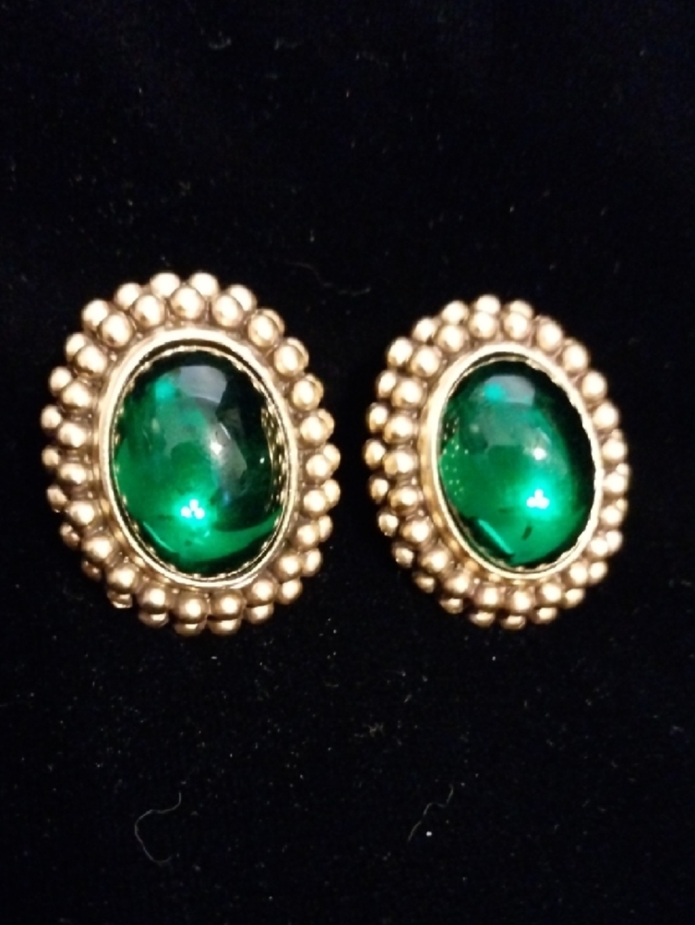 Vtg Yves Saint Laurent YSL Emerald Green Cabochon Gold Beaded Clip-On Earrings